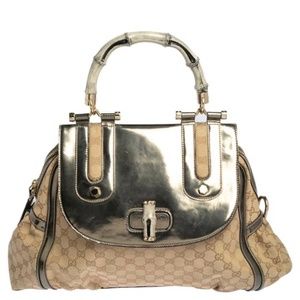 Beige/Grey Canvas and Leather Bamboo Satchel